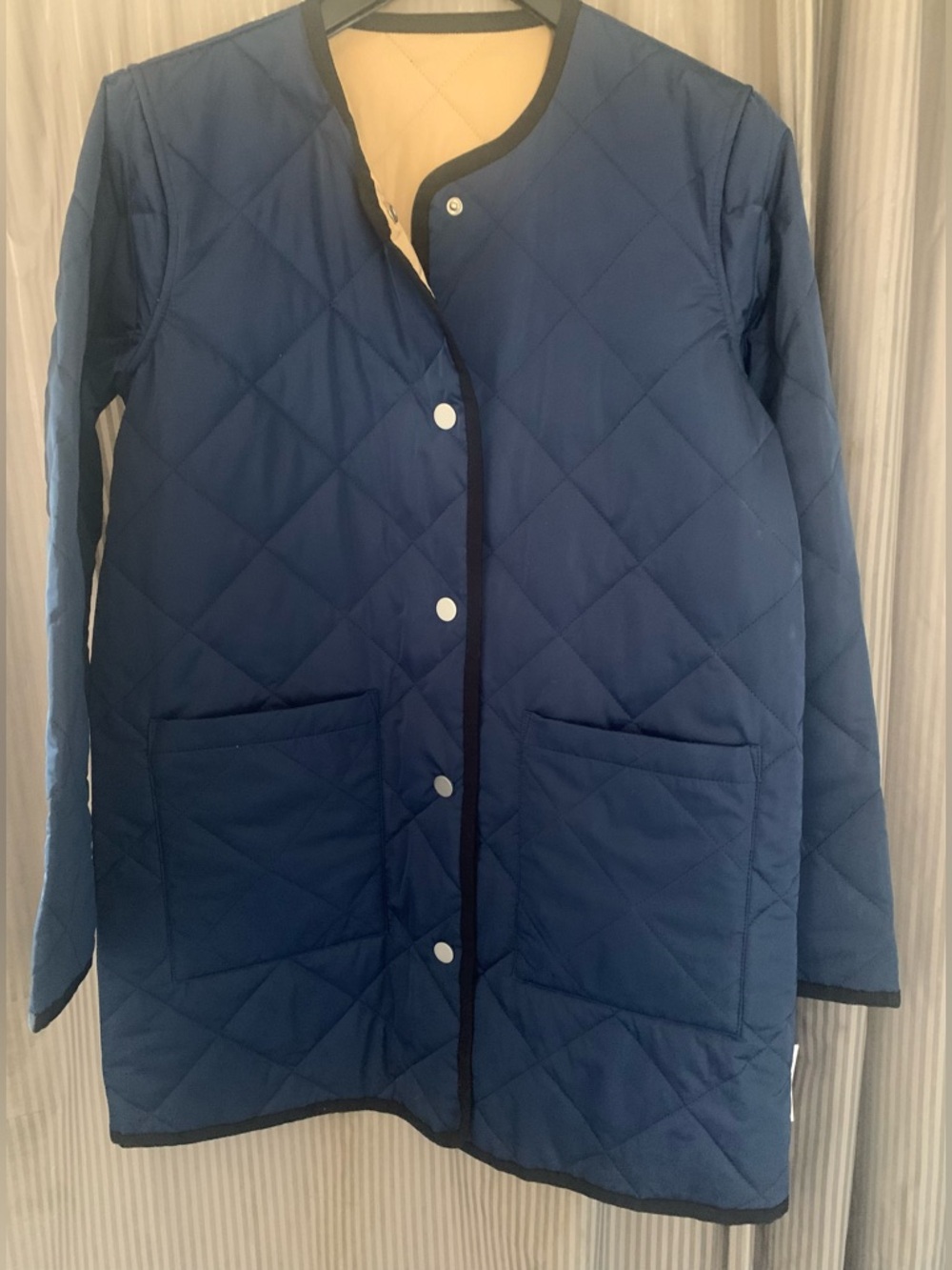 Jane Post Navy/Tan Reversable  Quilted Snap-Front Jacket